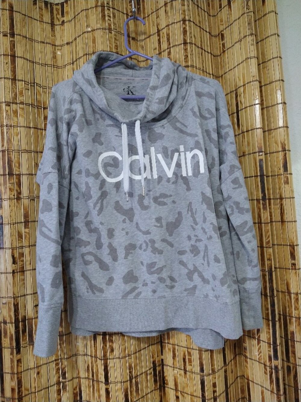 Calvin Klein Gray Animal Print Cowl Neck Hoodie Sweatshirt Size Large (L)